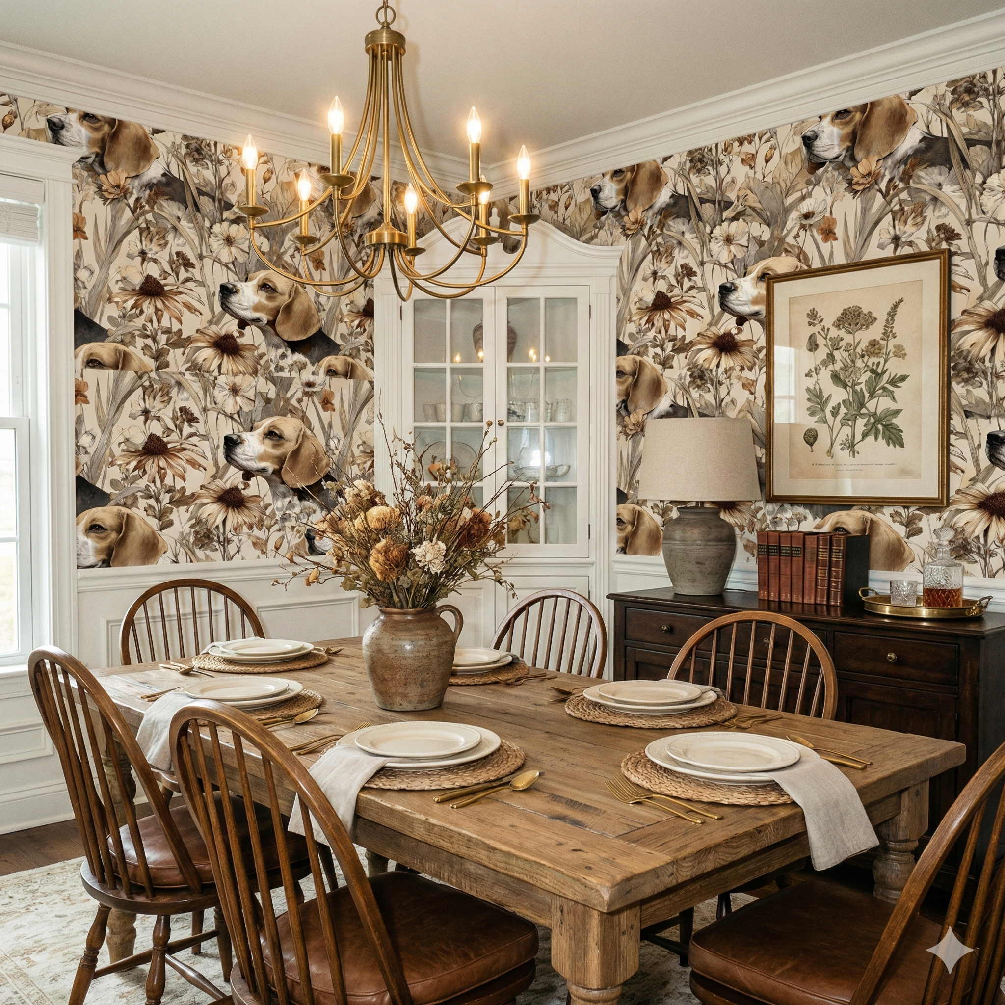 Biscuit Reverie Wallpaper with floral and dog pattern, covering a dining room wall.
