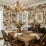 Biscuit Reverie Wallpaper with floral and dog pattern, covering a dining room wall.
