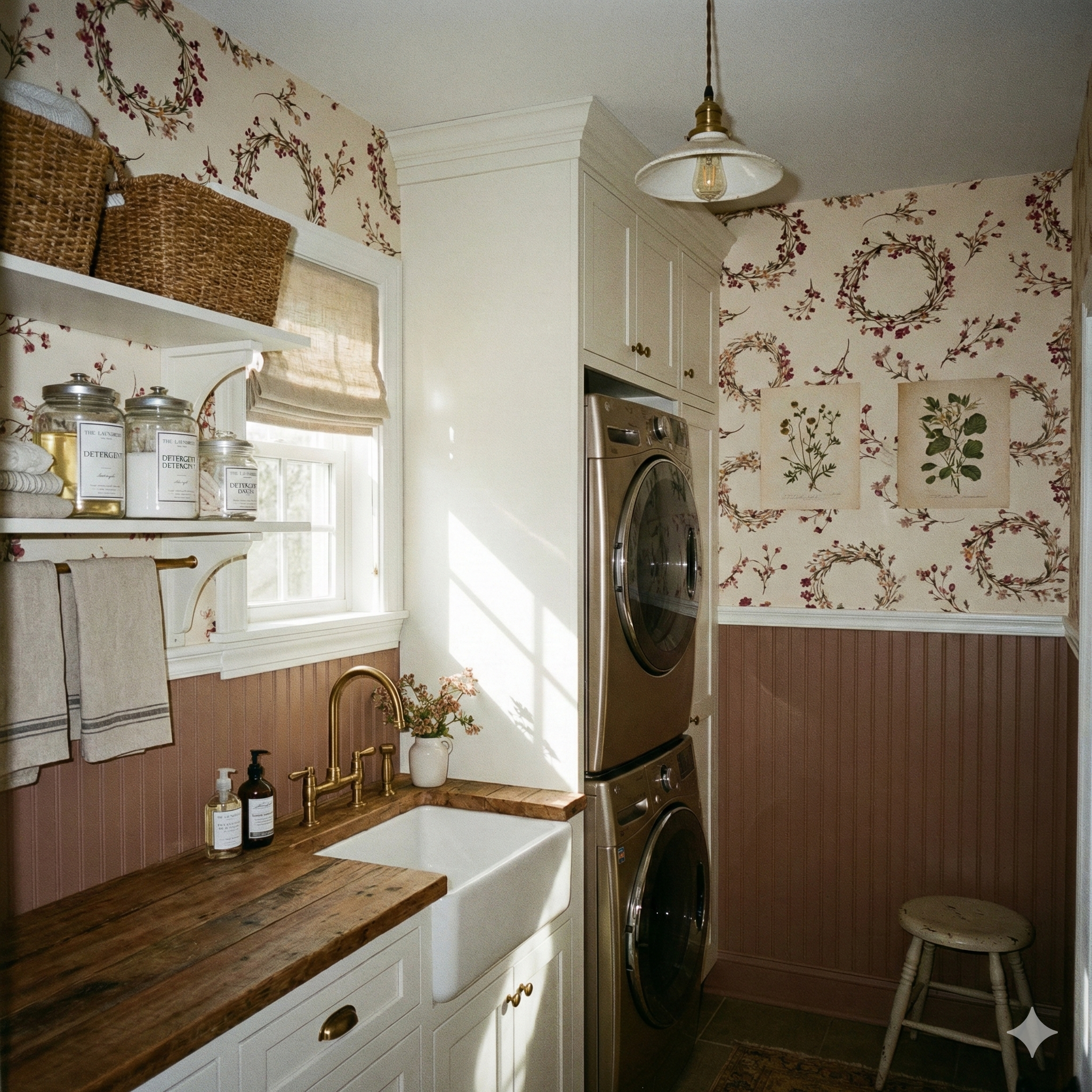 Floral patterned wallpaper featuring wreaths, branches and botanicals, with two botanical art prints.
