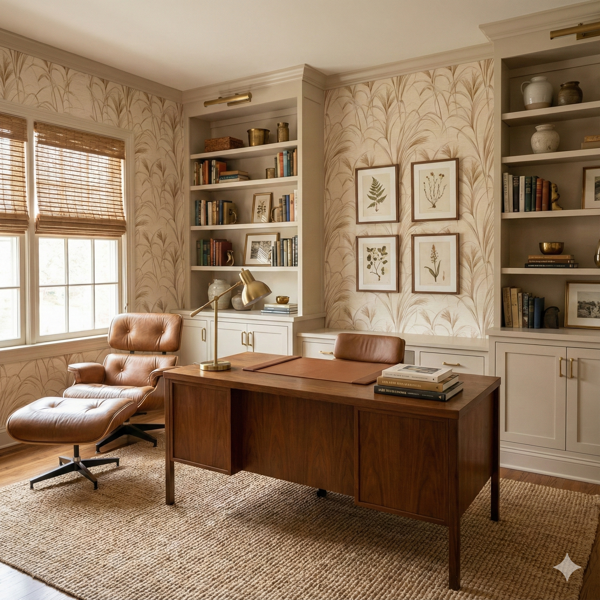 Windmere Reedsong wallpaper with a leafy grass pattern, covering the walls of a home office.
