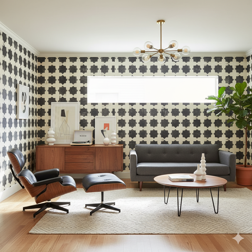 Patterned wallpaper featuring geometric shapes with a distressed texture and monochromatic color palette.
