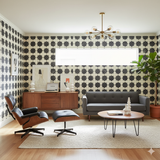 Patterned wallpaper featuring geometric shapes with a distressed texture and monochromatic color palette.
