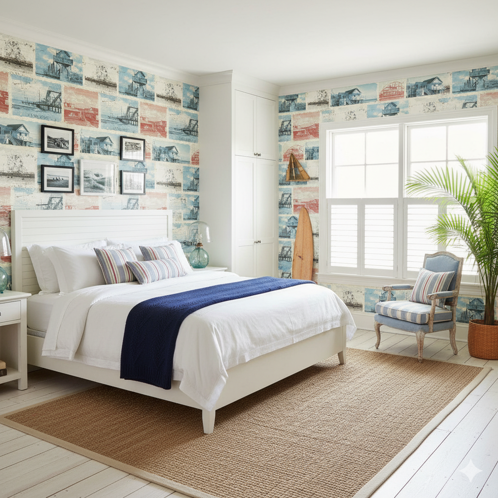 Boardwalk Ephemera Wallpaper with coastal town scene, collage design in a bedroom setting.