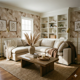 Sundrift pampas wallpaper with a neutral, feathery pattern, styled in a cozy living room with built-in shelves.