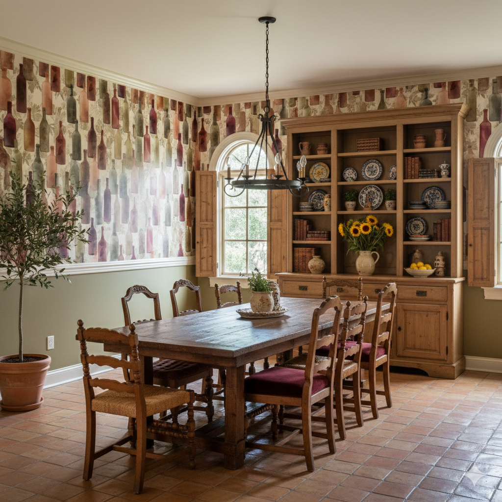 Cellar Reverie wallpaper with bottle pattern on the wall in a dining room setting.