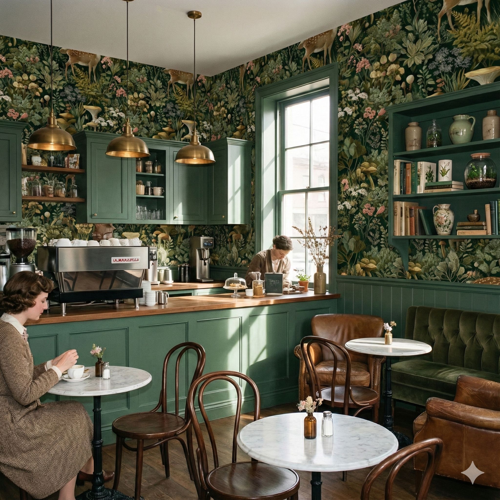 Botanical style wallpaper with deer and mushroom pattern, by Hearthwood, in shades of green and pink.