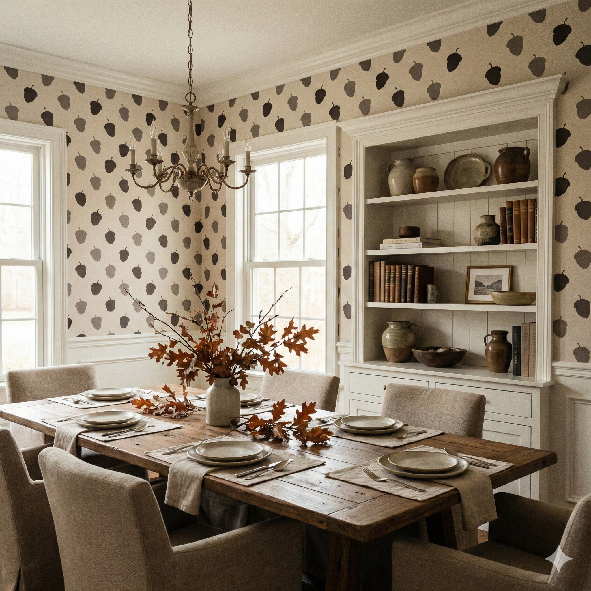 Quiet Yield wallpaper with acorn pattern, on a dining room wall.