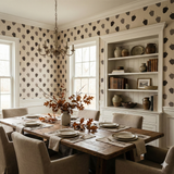 Quiet Yield wallpaper with acorn pattern, on a dining room wall.