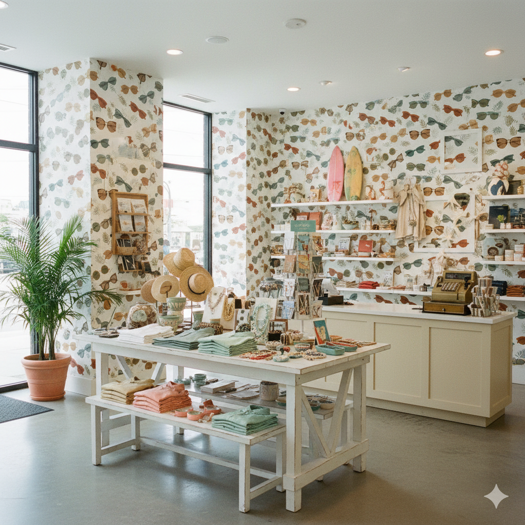 Sunglasses patterned wallpaper with sunglasses and foliage, covering the walls of a retail space.