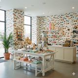Sunglasses patterned wallpaper with sunglasses and foliage, covering the walls of a retail space.