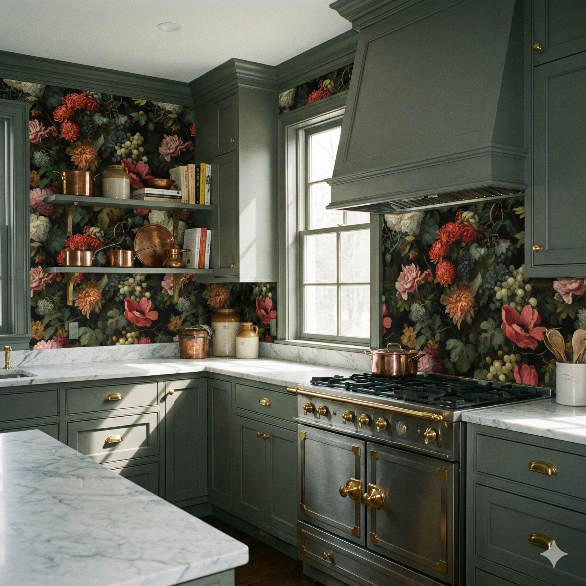 Floral printed wallpaper by York Wallcoverings with bouquets and fruit clusters on a dark background.