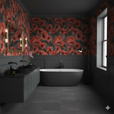 Floral wallpaper with a red poppy design on a gray background.