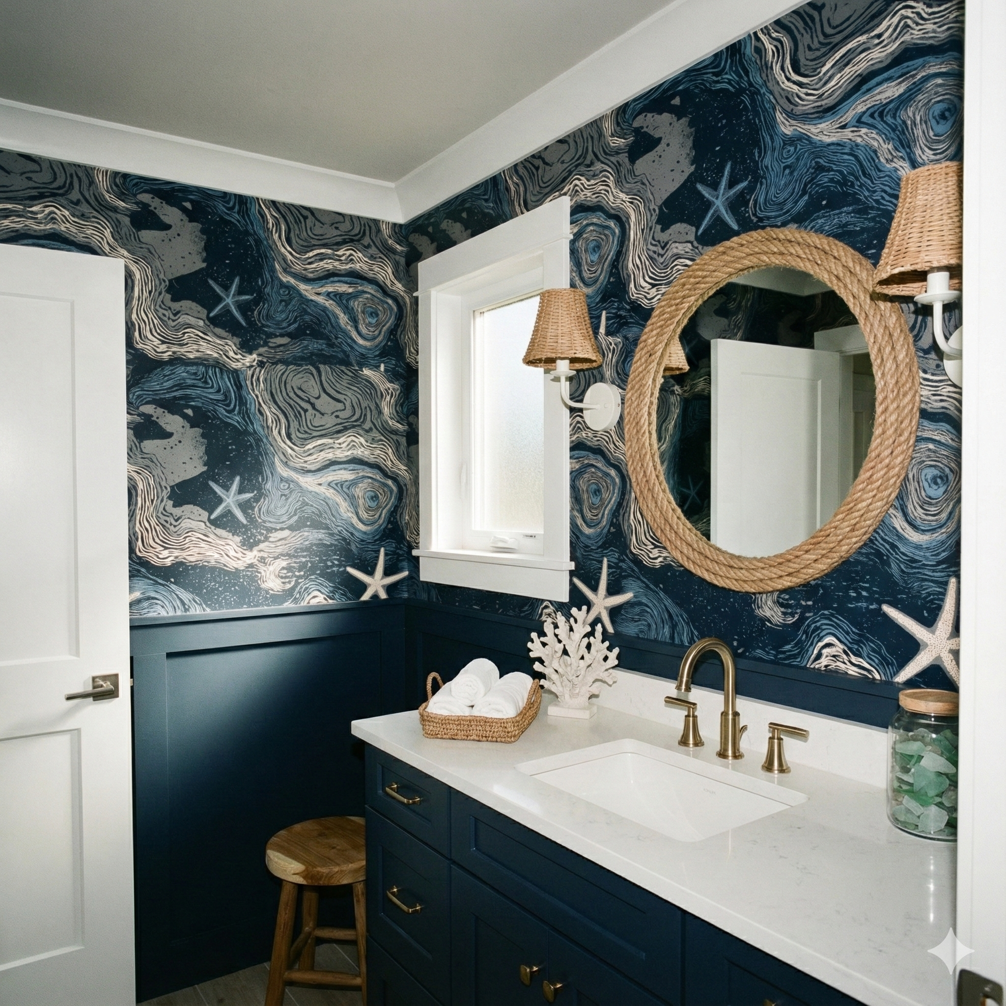 Bathymetric Starshore wallpaper with swirling pattern, star accents, and coastal theme.