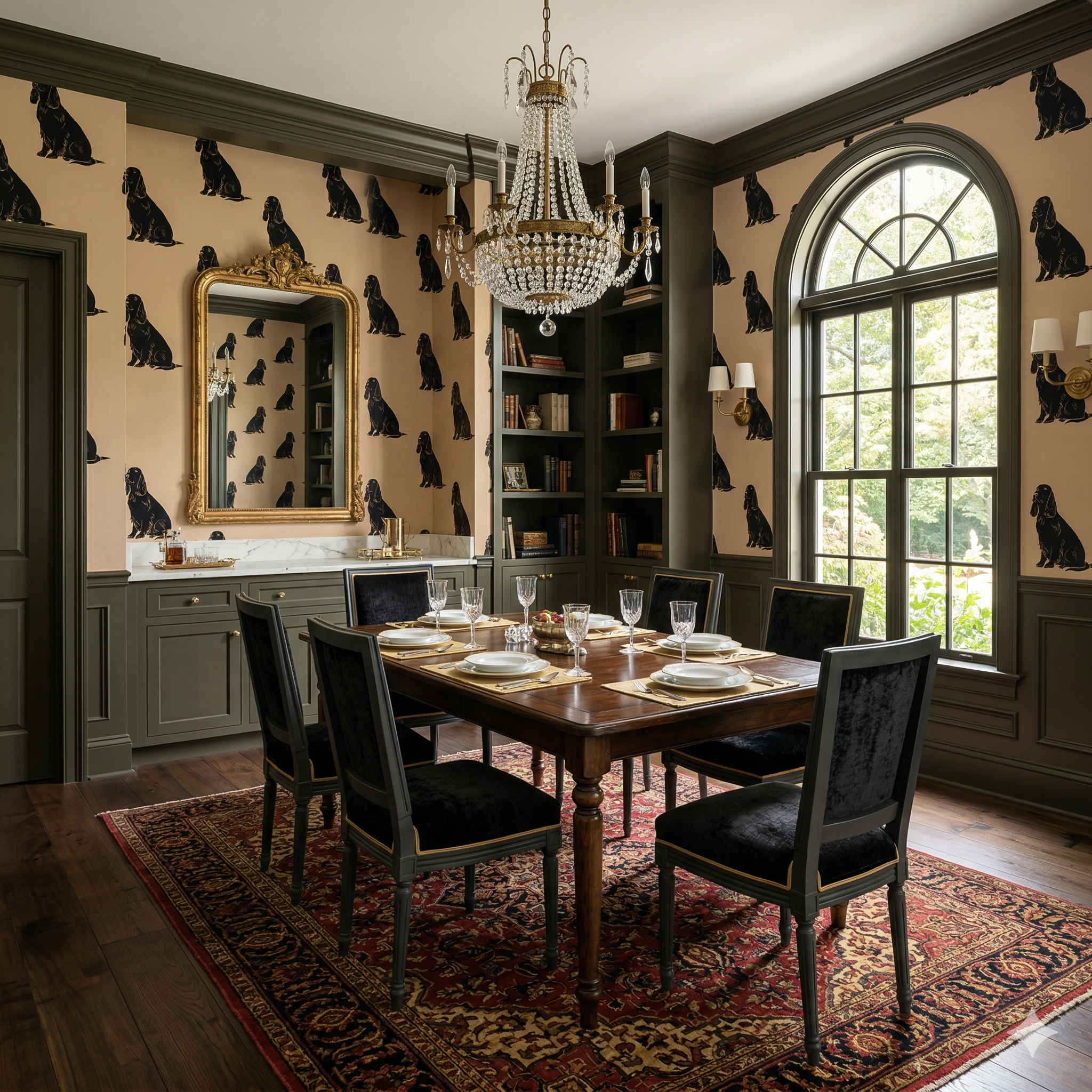Patterned Silhouette Sonata Wallpaper with black dog silhouettes, shown in a traditionally decorated dining room.
