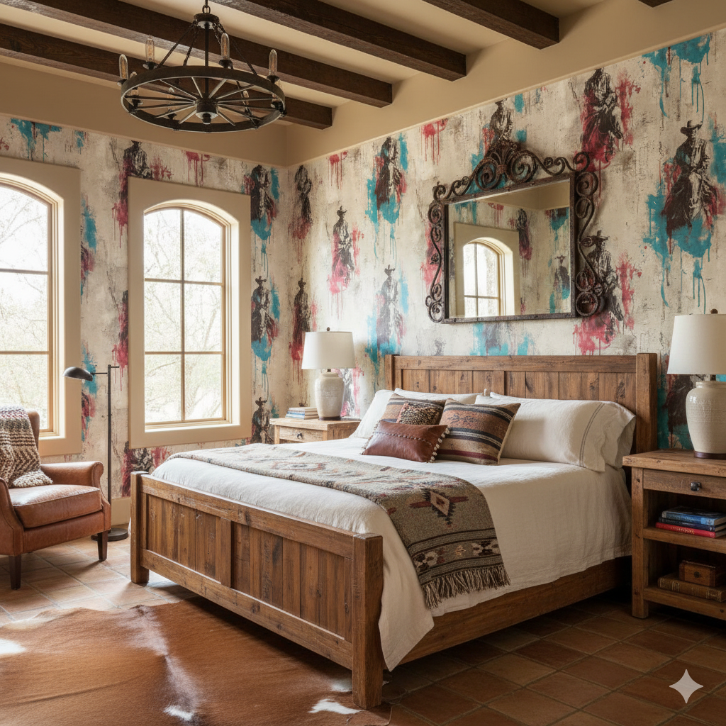 Patterned wallpaper with horse rider motifs, splashes of red and teal, and a distressed texture.