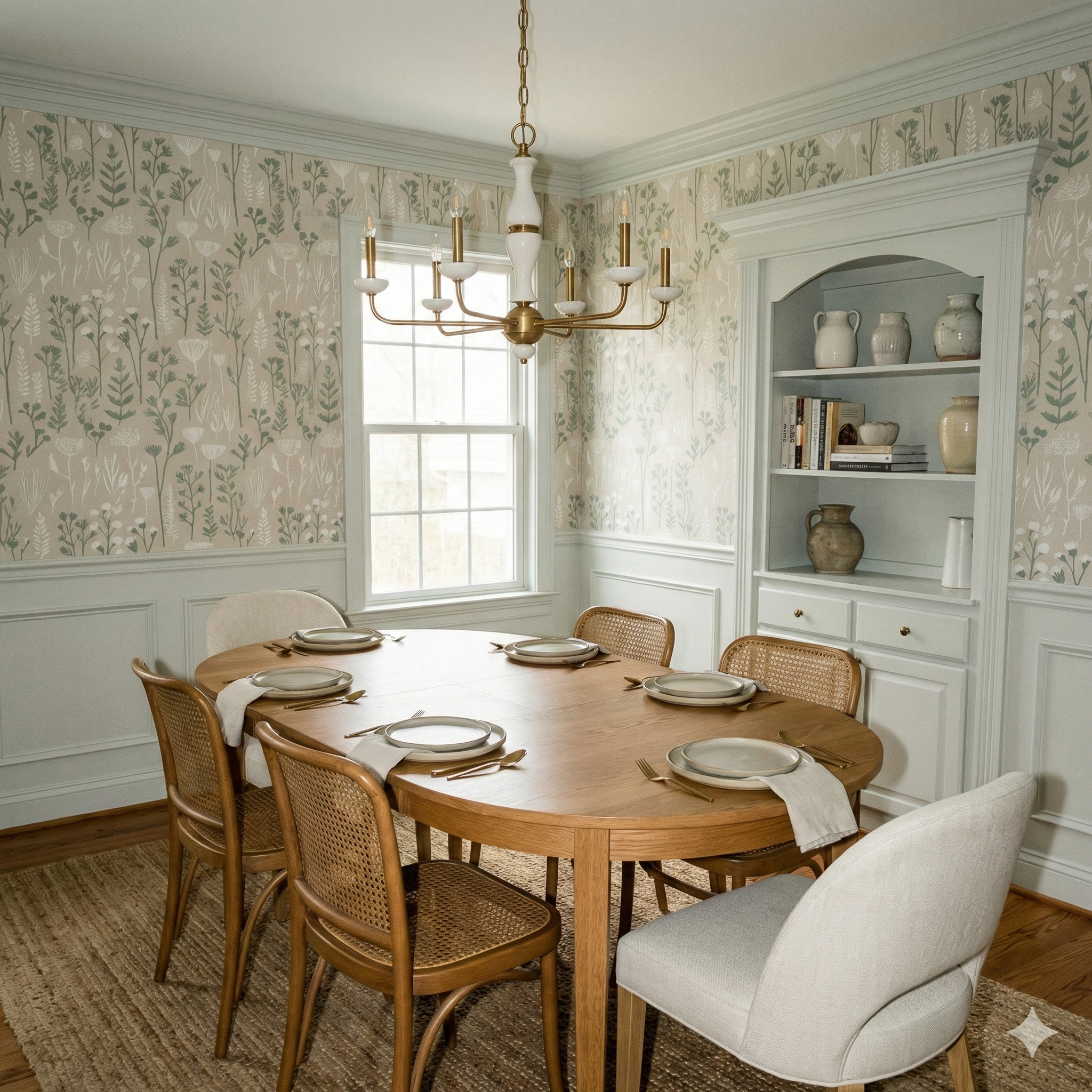 Aalto Meadow Wallpaper with a beige background and sage floral pattern, featuring a traditional dining room setting.