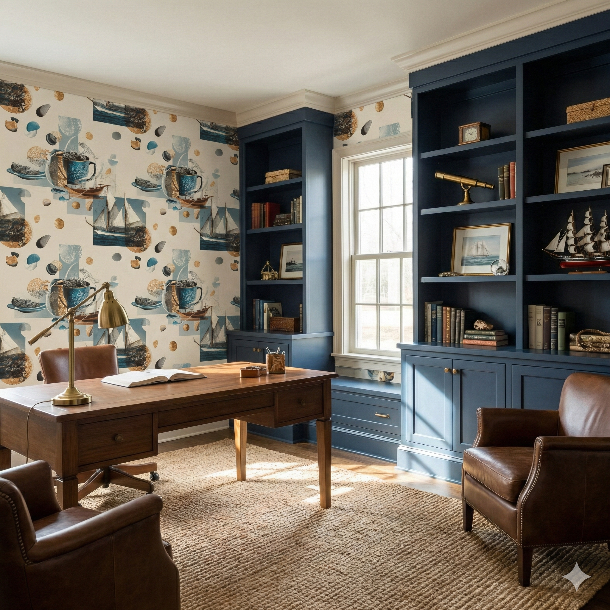 Nautilus Lounge Wallpaper with sailboats and coffee cups pattern, covering an office wall.