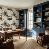 Nautilus Lounge Wallpaper with sailboats and coffee cups pattern, covering an office wall.