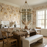 Silken Fall wallpaper with a leaf pattern, in a dining room setting.