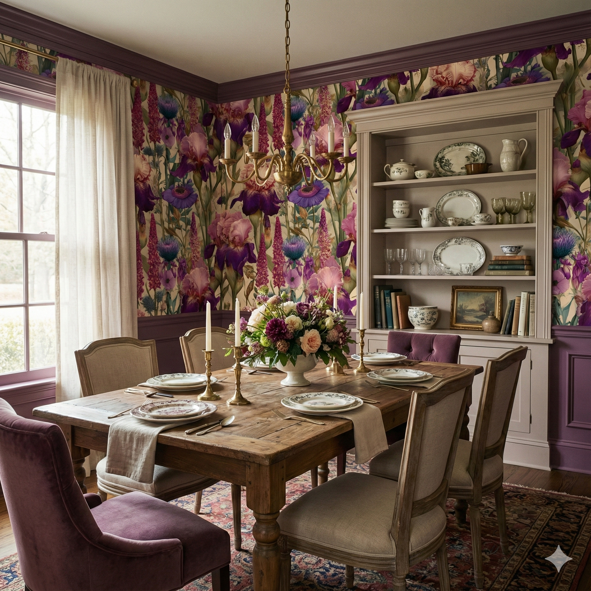 Floral Thistledown Regent Wallpaper with purple irises, by an unknown vendor, adorning a dining room, alongside neutral chairs and patterned rug.
