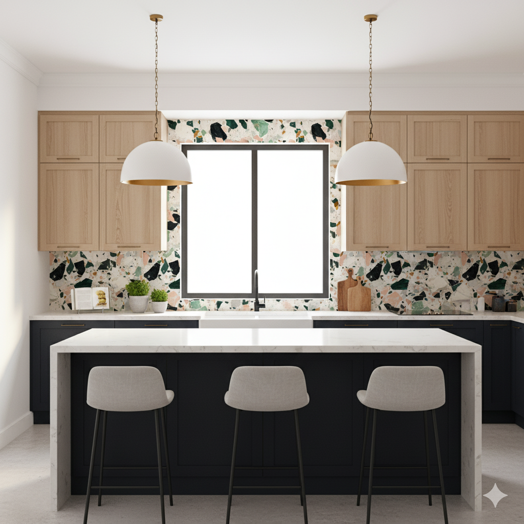Verona Verde Wallpaper featuring a terrazzo pattern, used as kitchen backsplash.