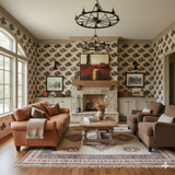 Patterned Hat Creek wallpaper with cowboy hat design, covering the walls of a traditionally styled living room.