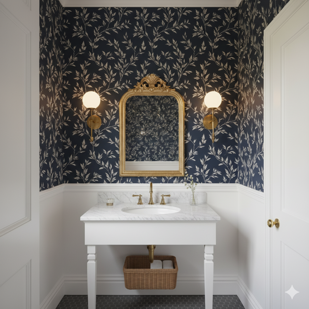 Astral Vine Wallpaper with a navy botanical pattern covering the walls in a traditional-style powder room.
