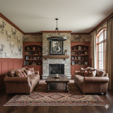 Canyon Dairy Wallpaper with cow pattern, on the wall of a living room with matching brown furniture.