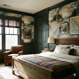 Sierra Etchings Wallpaper with mountain landscape mural design, covering a bedroom with a wooden bed frame.
