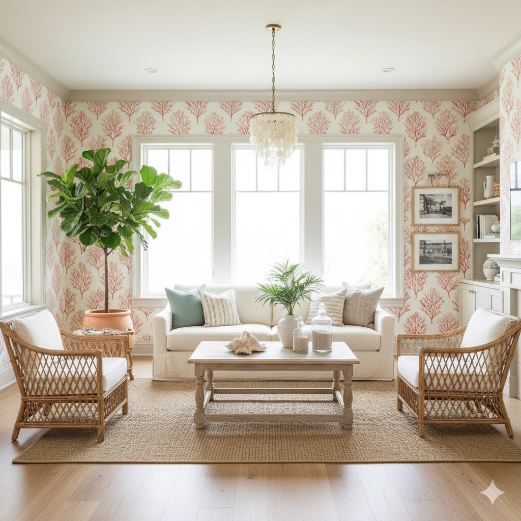 Coral-patterned wallpaper with a coral motif, from Coralhaven, displayed in a stylish living room.