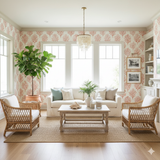 Coral-patterned wallpaper with a coral motif, from Coralhaven, displayed in a stylish living room.