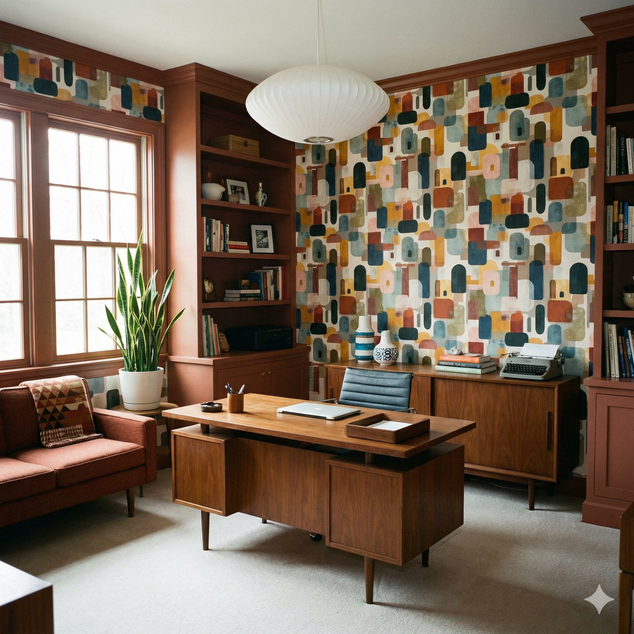 Sedona Keys wallpaper with geometric patterns, covering a home office wall.
