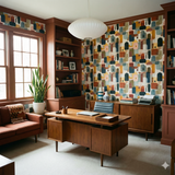 Sedona Keys wallpaper with geometric patterns, covering a home office wall.
