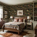 Last Light Graze wallpaper with a horse pattern by Wallquest, covering the walls of a western-themed bedroom.
