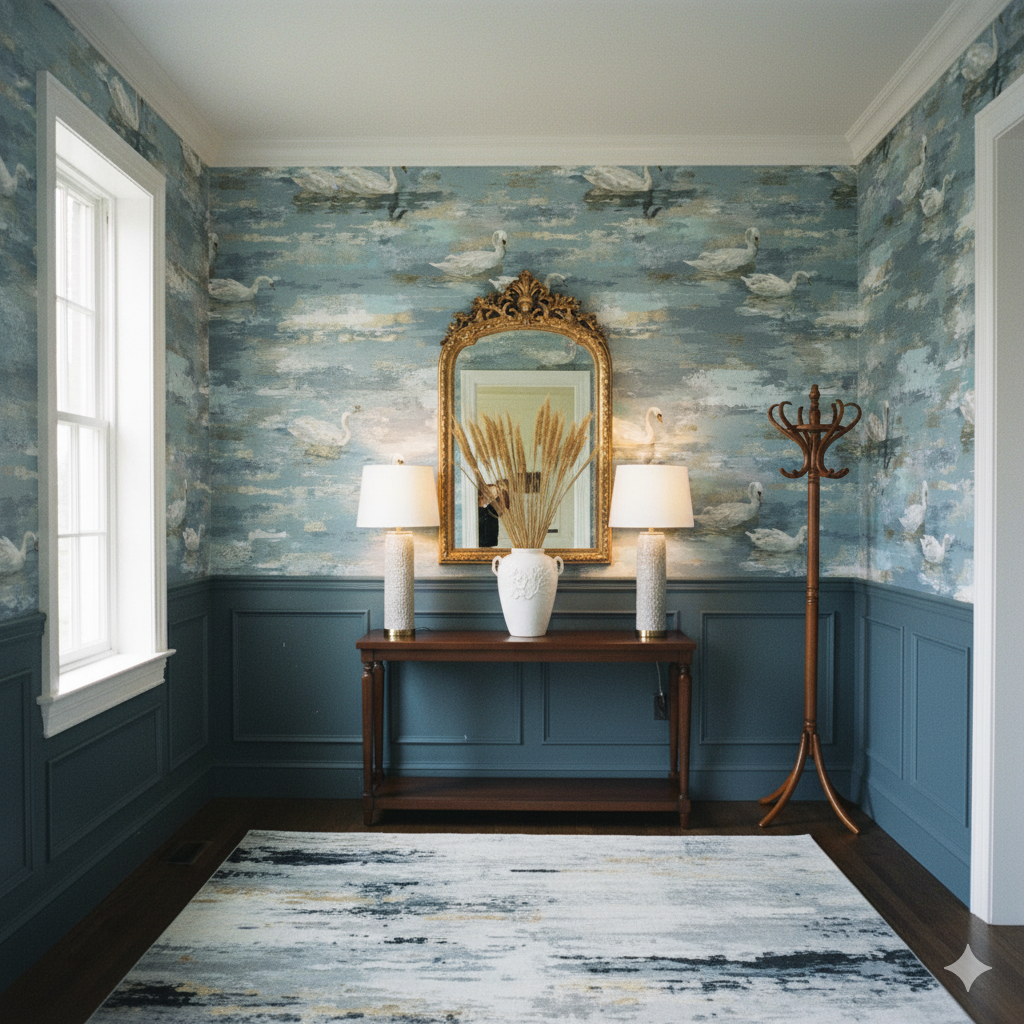 Swanmere wallpaper with swan motif, set against a blue and white watercolor background.