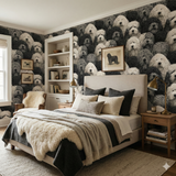 Patterned wallpaper with dog portraits by York Wallcoverings, covering the entire room.