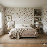 Bird-themed Finchmoor Wallpaper with a branch pattern, covering the walls of a bedroom featuring neutral tones and natural light.
