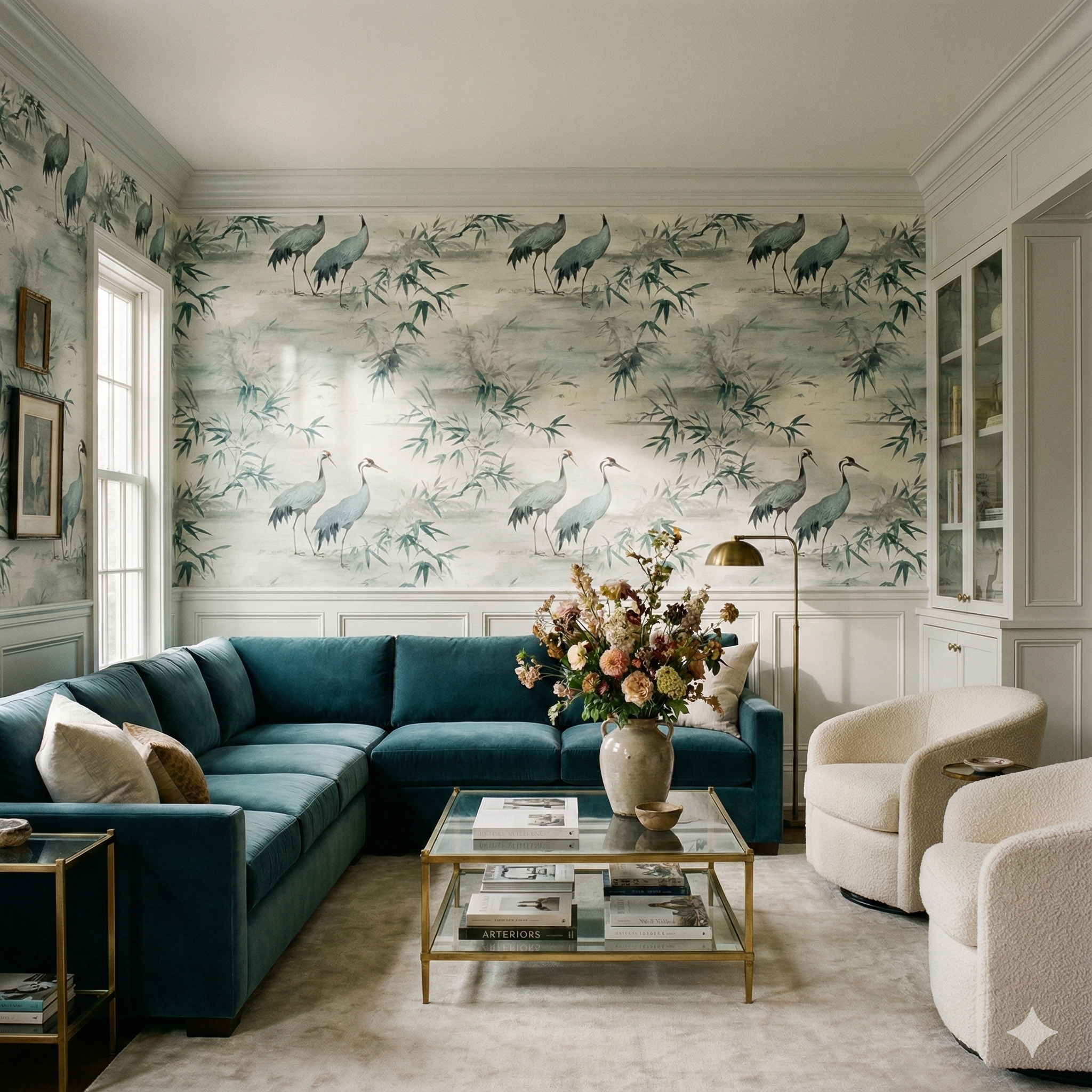 Crane patterned Fogbend Canopy Wallpaper from Anthropologie decorating a luxurious living room with blue sofa and cream chairs.
