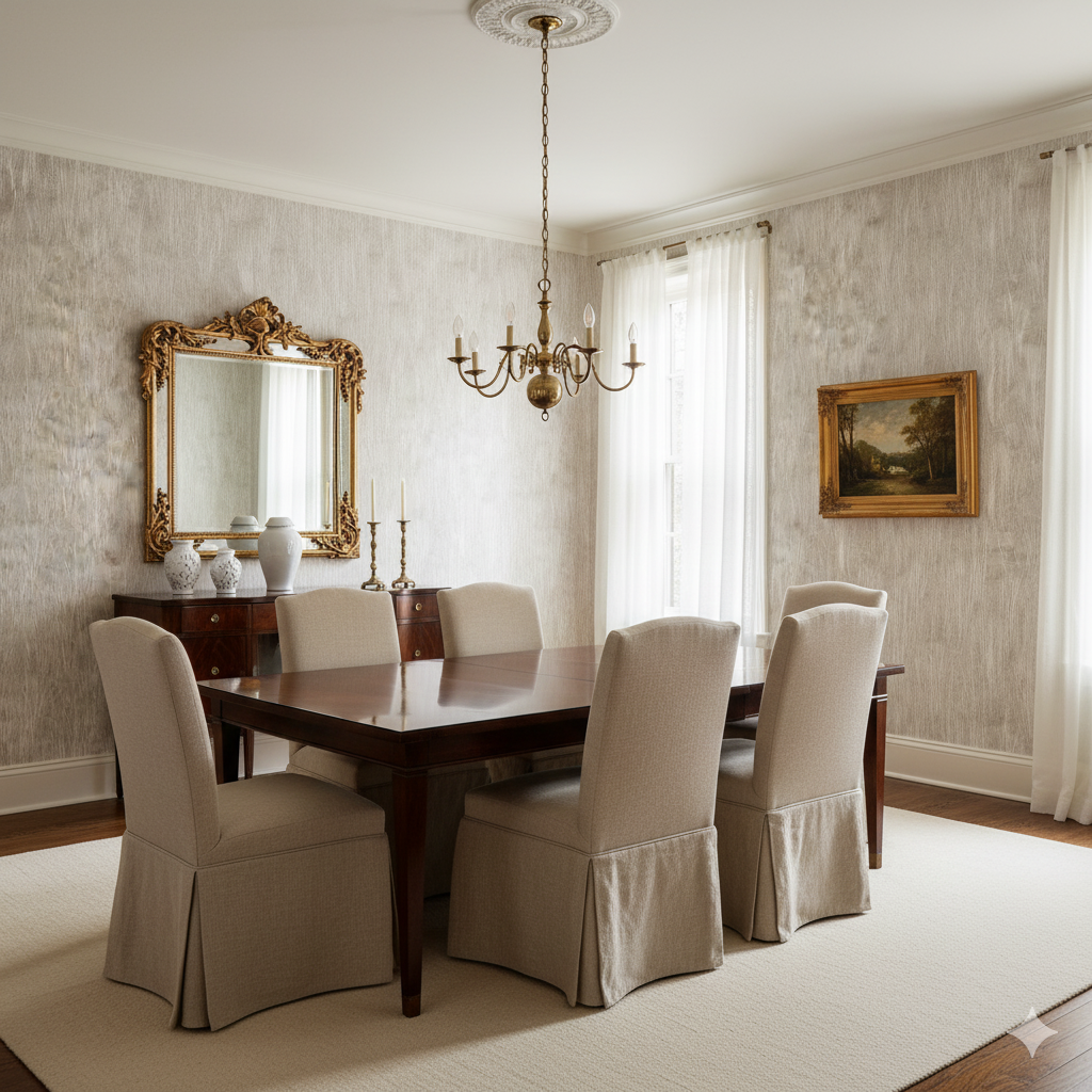 Prairie Ghost wallpaper with a neutral, textured finish, displayed in an elegant dining room setting.