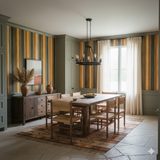 Mesa Strata Wallpaper with vertical stripes and neutral tones, in a dining room setting.