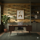 Han River Scroll Wallpaper with an oriental landscape pattern, covering the wall behind a desk.
