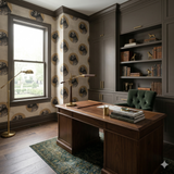 Patterned wallpaper featuring dog portraits by Garrick Medalion, visible in a traditionally styled office.