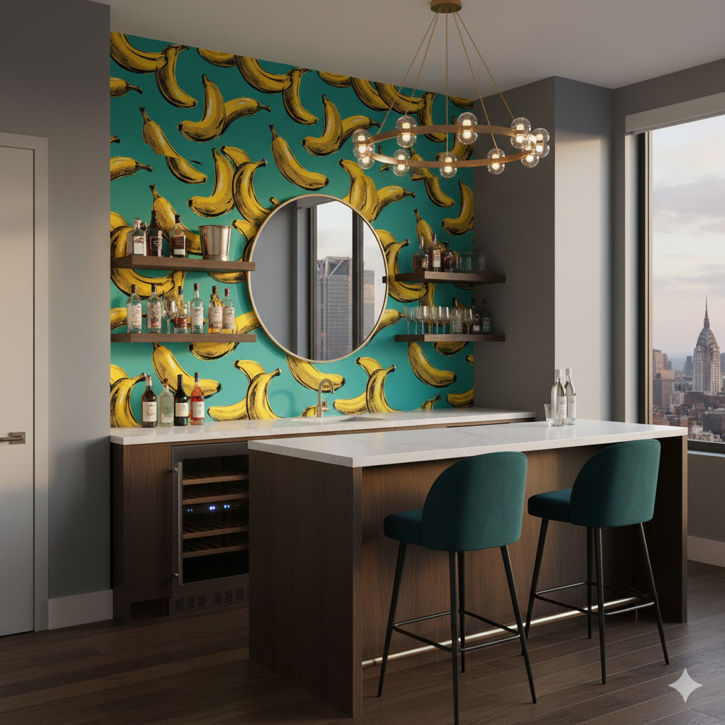 Velvet Peel Wallpaper with a banana print against a teal background behind a bar area.
