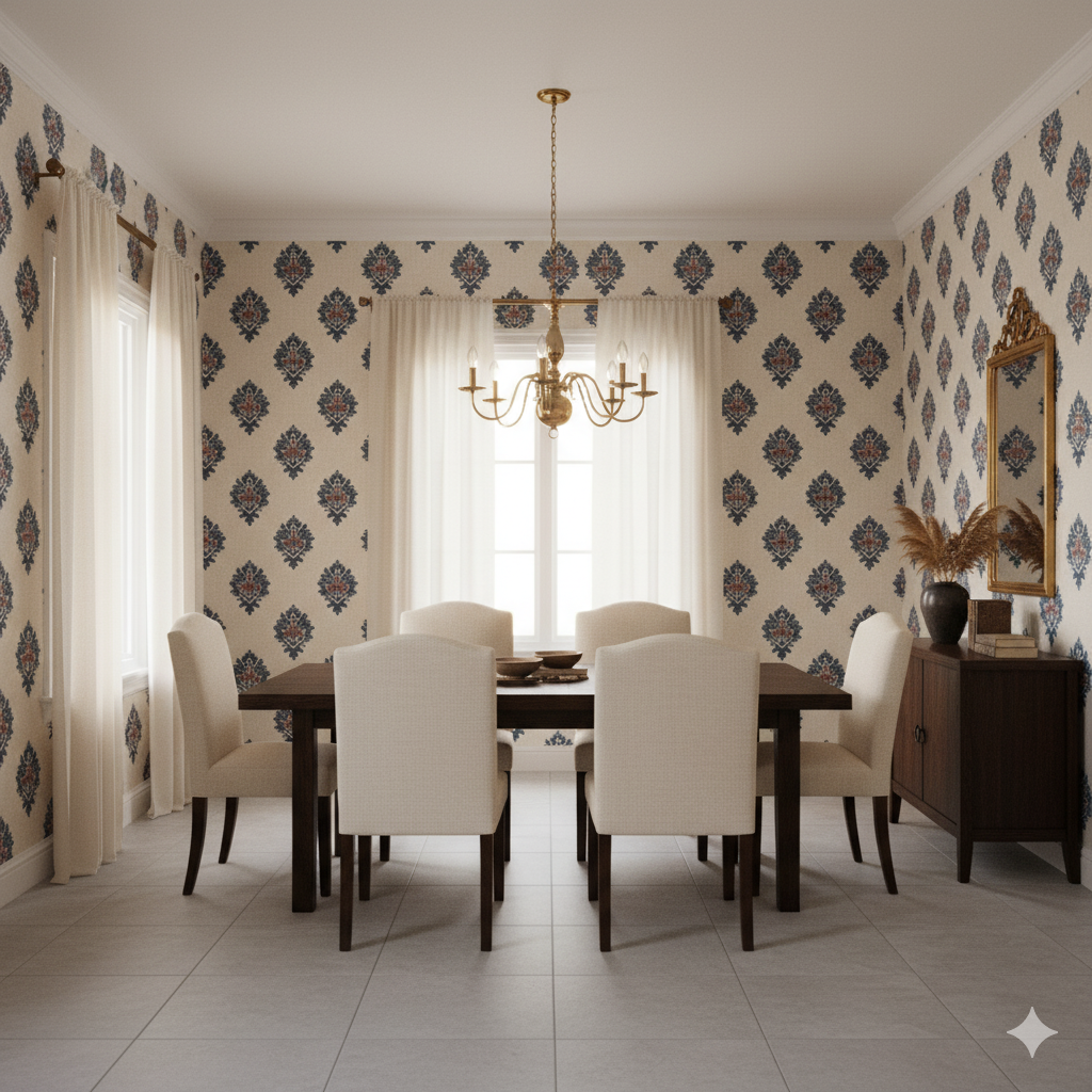 Patterned Indigo Crest Wallpaper with floral damask design.