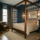 Patterned wallpaper with dog motif, covering a bedroom wall with navy blue trim.