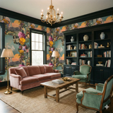 Elysian Montage Wallpaper with floral and landscape pattern, decorating a stylish living room with colorful accents.