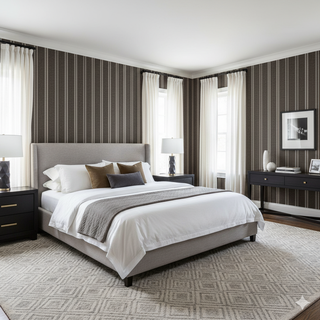 Striped wallpaper with brown and white lines, creating a textured look on the walls.