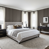 Striped wallpaper with brown and white lines, creating a textured look on the walls.