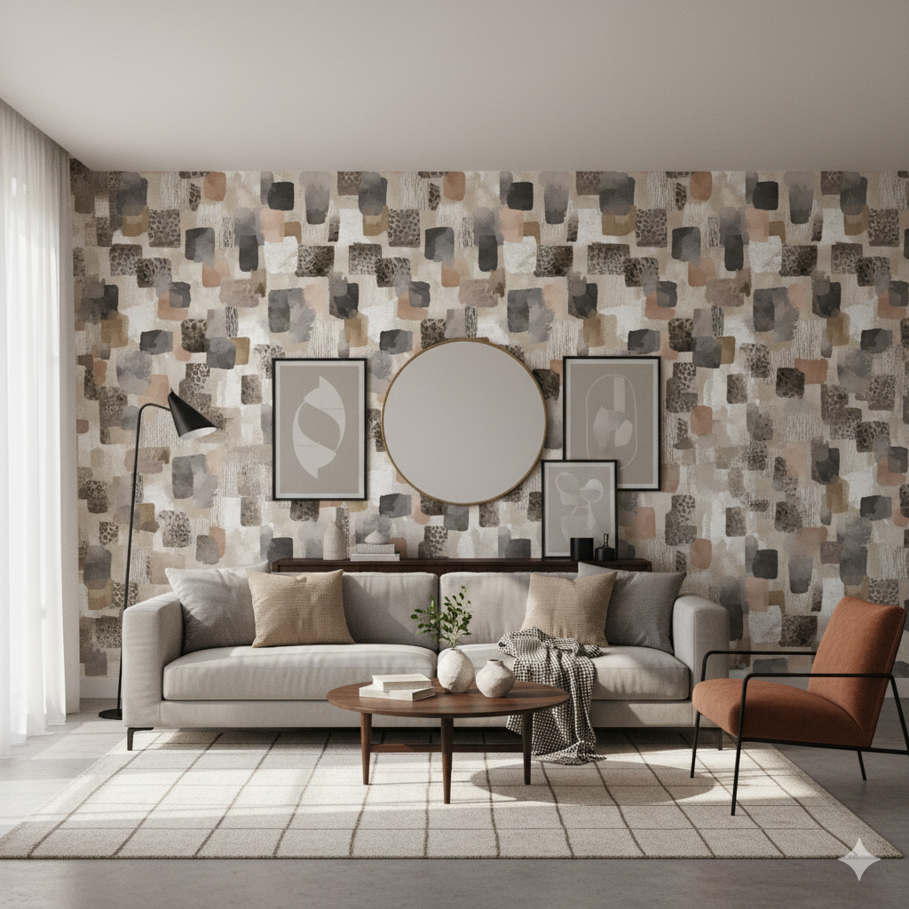 Cinder mosaic wallpaper with abstract square pattern on the wall in a living room setting.
