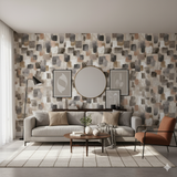 Cinder mosaic wallpaper with abstract square pattern on the wall in a living room setting.
